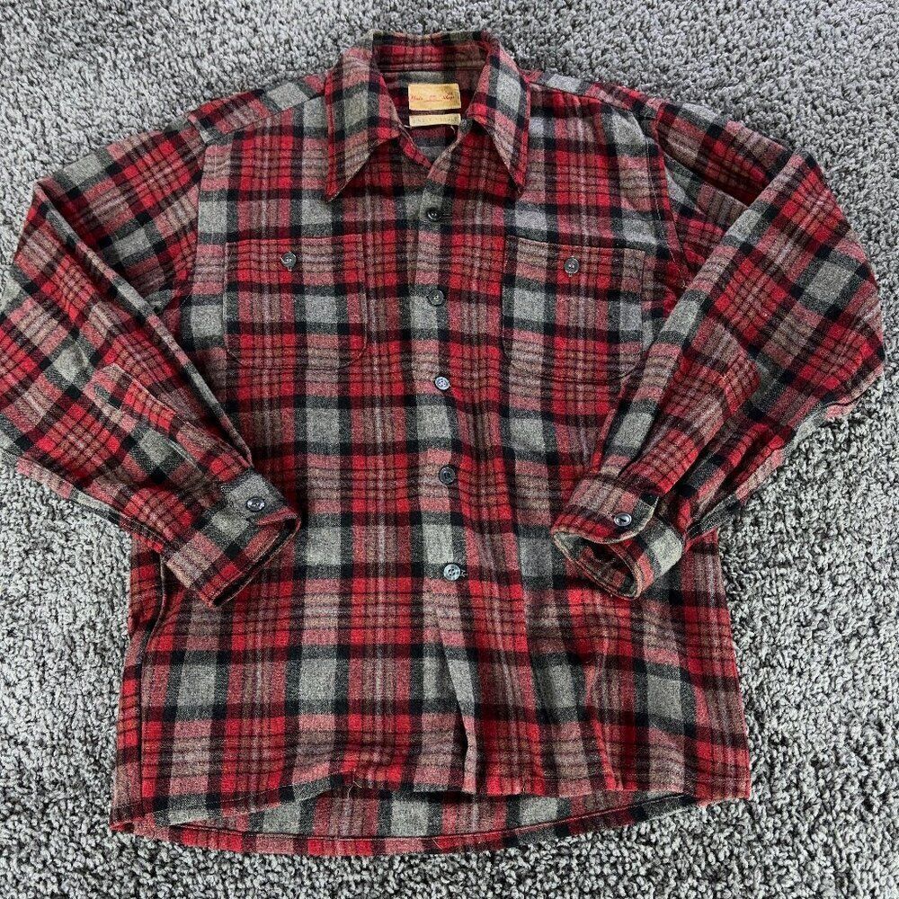 Vintage Ohrbachs Wool Flannel Shirt Mens Medium Single Needle Red Gray Button Up